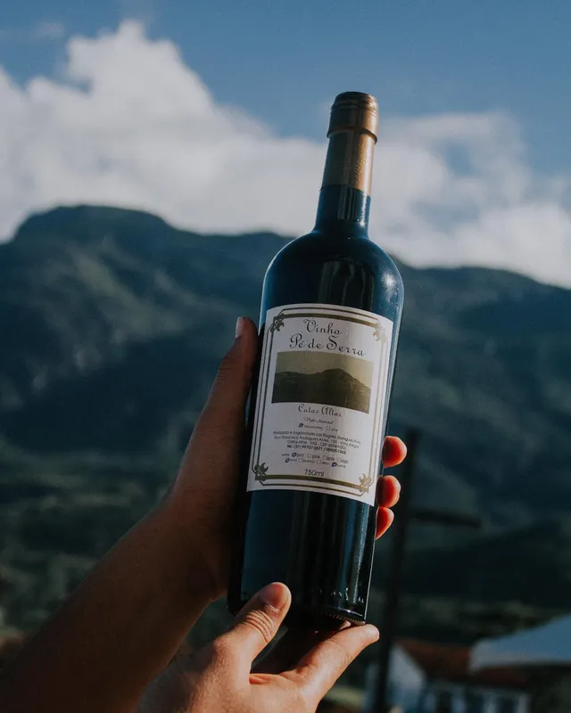 Garrafa de vinho erguida com a serra ao fundo